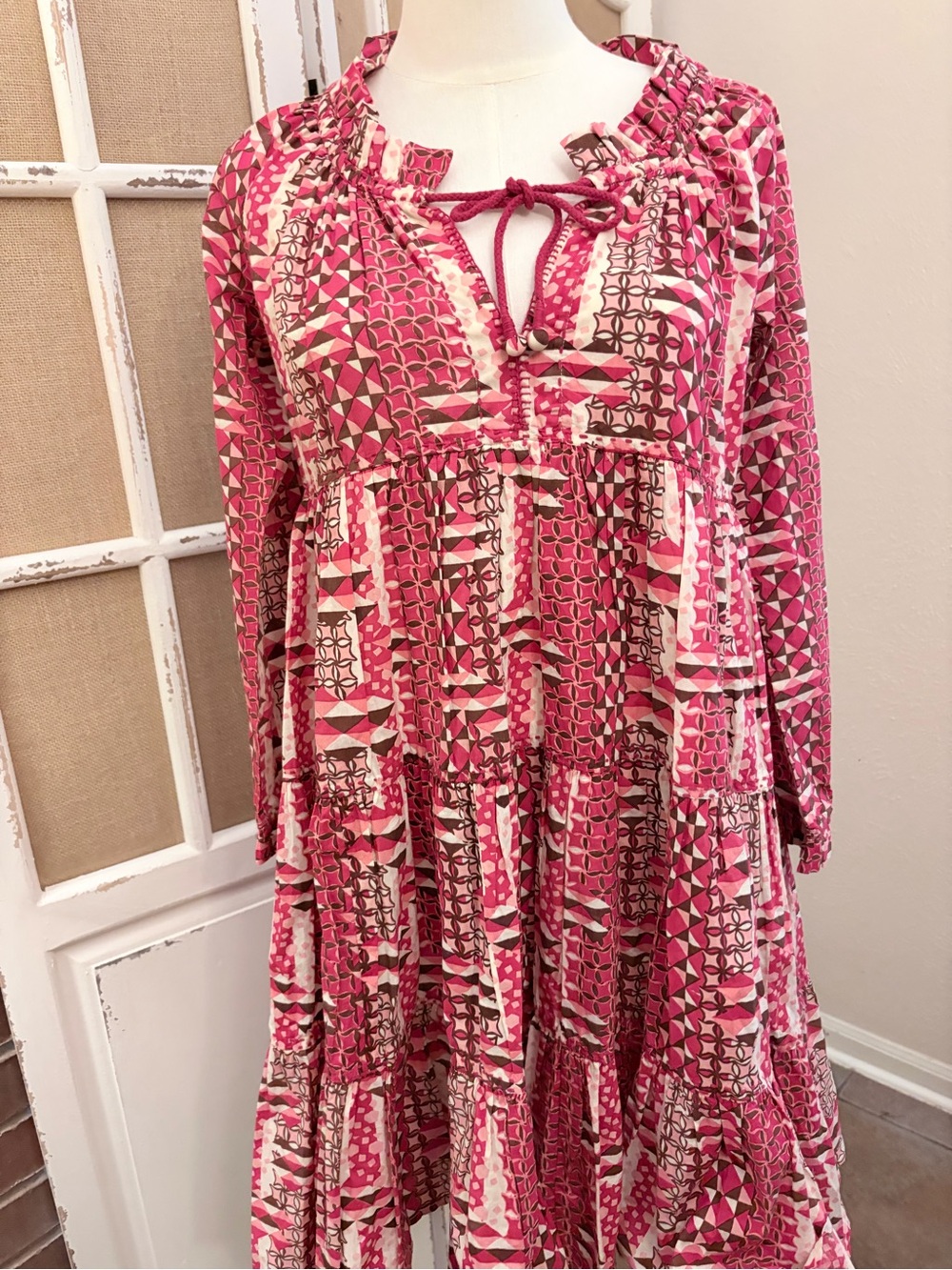 Anthropologie Ro’s Garden Short Dress Long Sleeve XS Pink Geometric Floral NWT